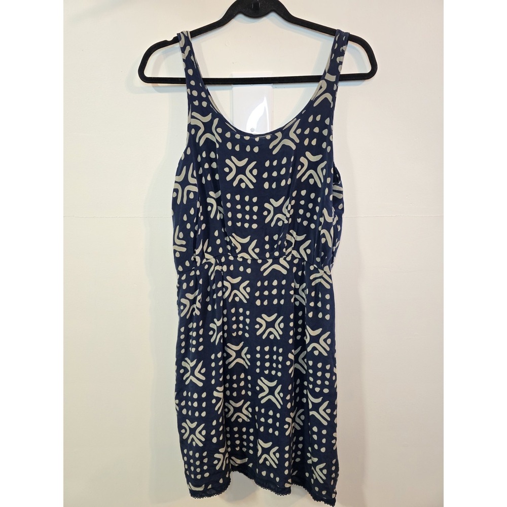 Sariah Silk Dress Size 10 Navy White Abstract Print Sleeveless Boho Minimalist